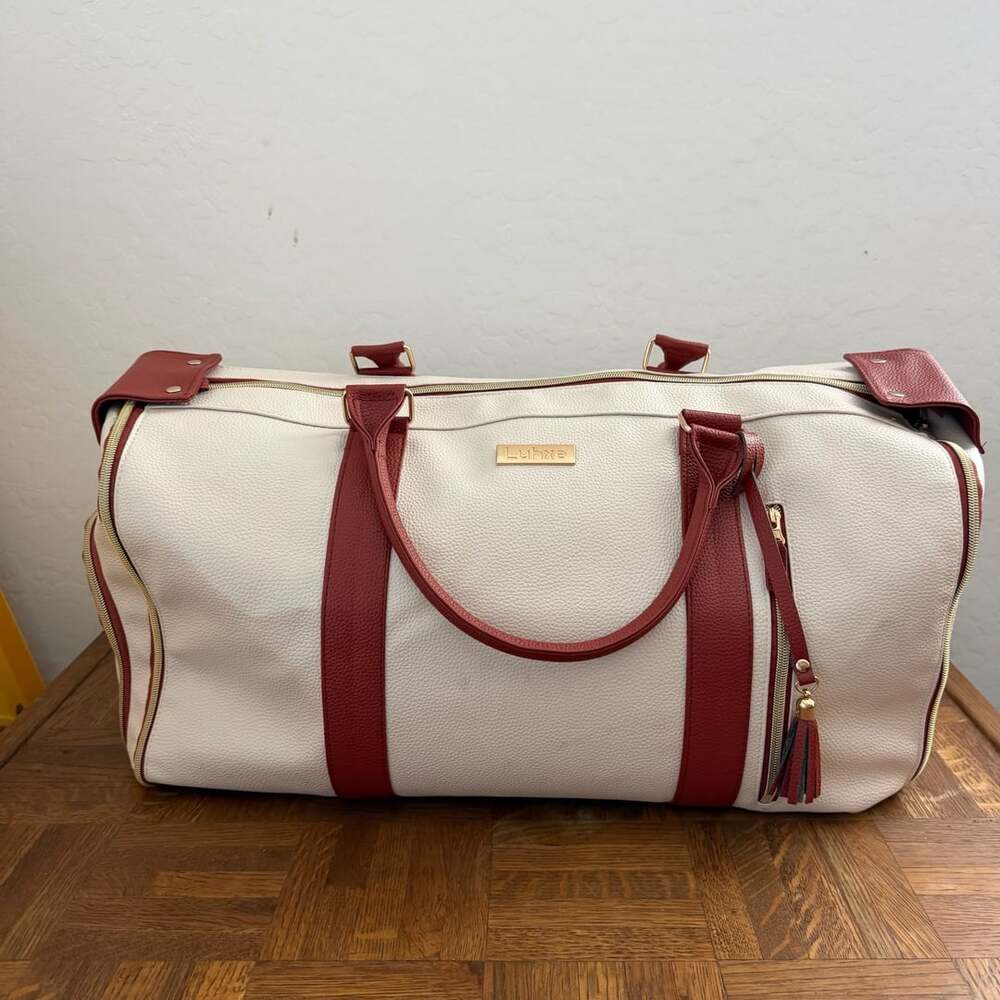 Luhxe White and Red Faux Leather Travel Duffle Bag with Gold Hardware